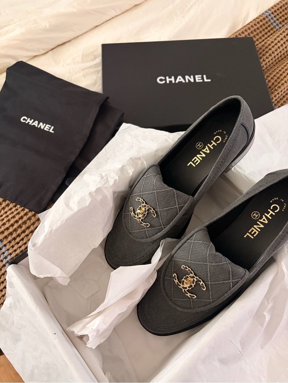 CHANEL Charcoal Quilted Canvas Loafers with Gold CC Chain